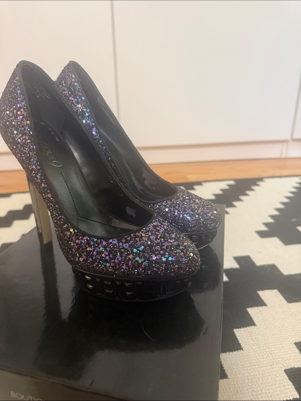 Nine West Boutique 9 Black Glitter Multi-Color Platform jeweled  Stiletto Heels